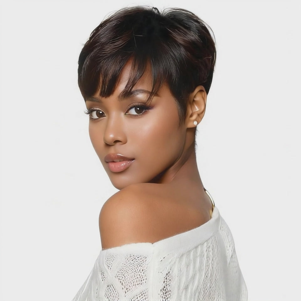 Short Layered Pixie Cut Wig Human Hair with Bangs Glueless None Lace Front Full Machine Made Wigs for Daily Use